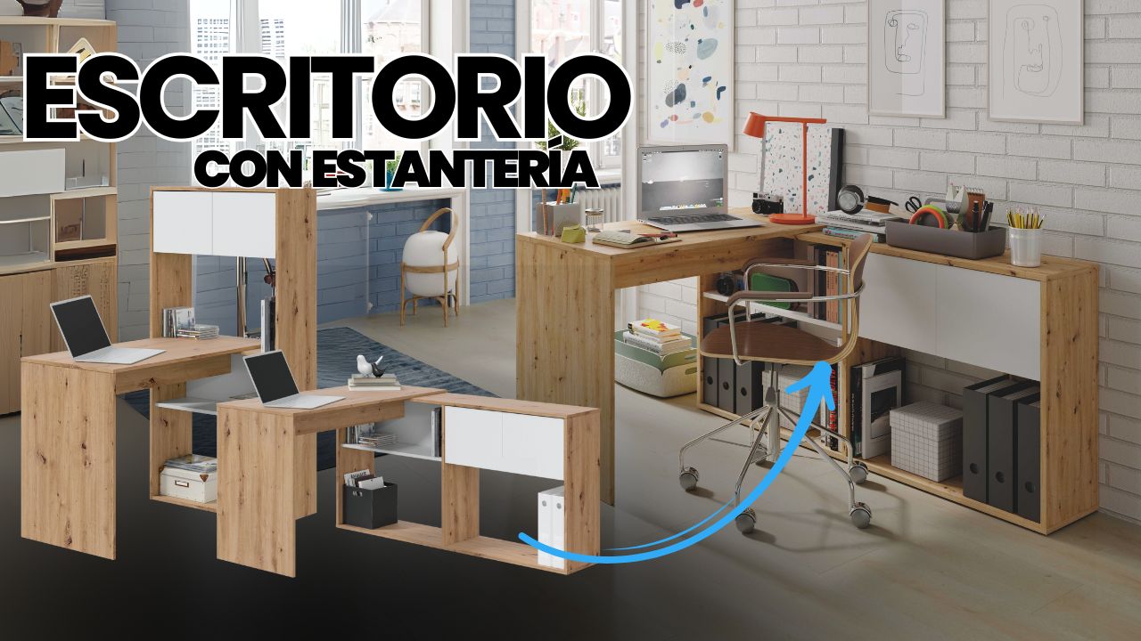 Mesa escritorio con estantería opción vertical horizontal en color Roble Nodi y Blanco Artik - 1