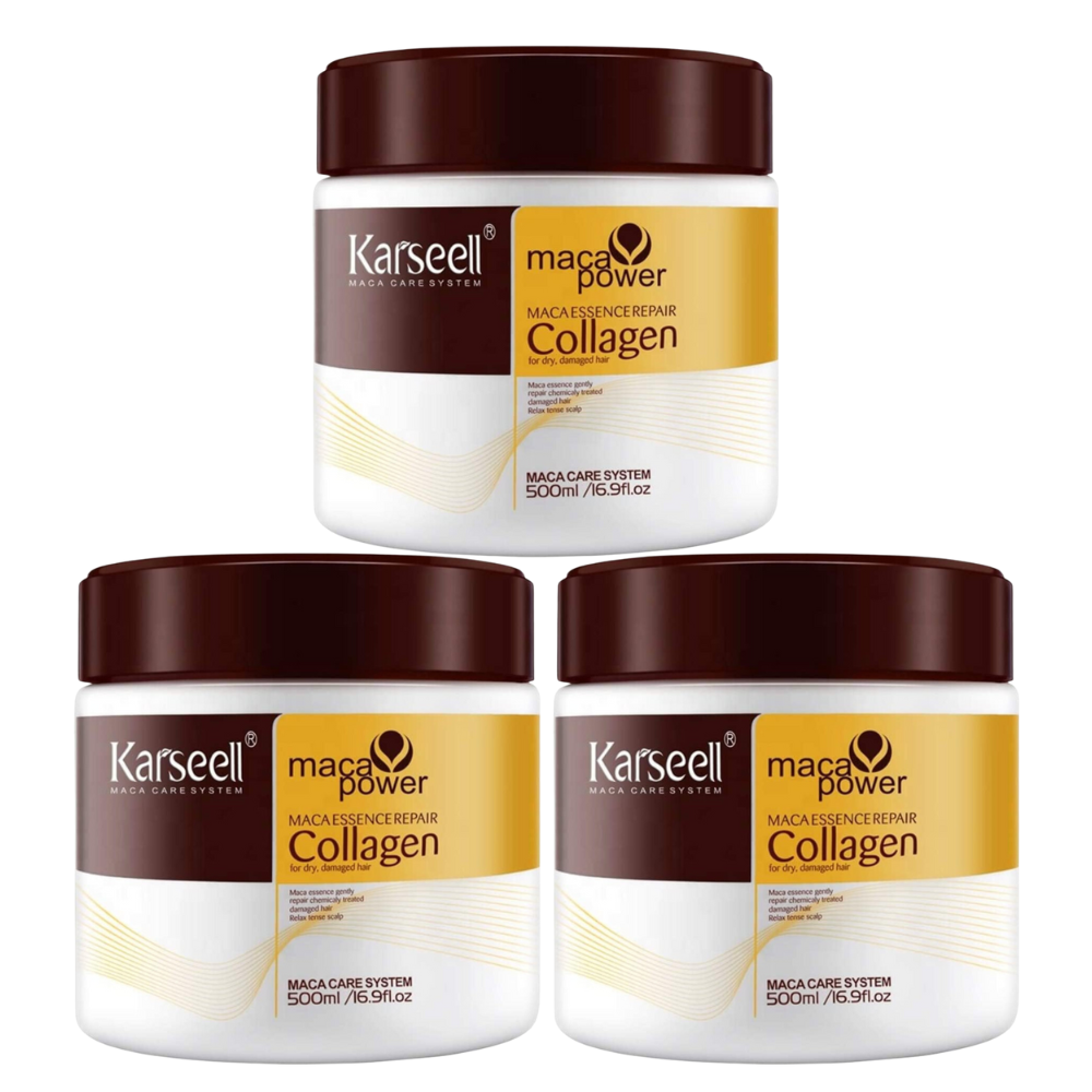 KARSEELL Pack de 3 - Mascarilla Pelo Máscara Capilar Reparación Profunda Cabello Seco y Dañado Colágeno Aceite de Argán Antifrizz Acondicionador Maca y Ácido Hialurónico Alisado Hidratación Intensa Todo Tipo de Cabello - 4 x 500 ml. - 1