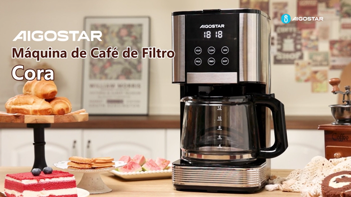 Aigostar Cora - Cafetera de Goteo con Temporizador Programable 24H, 1000W, 1.5L(12 Tazas), Pantalla LCD, Filtro Reutilizable, Auto Apagado, Función Mantener Caliente. Función Auto Limpieza - 1