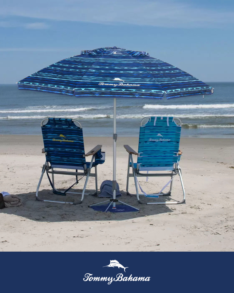 Sombrilla de Playa Tommy Bahama Azul Modelo 2025 - 2,28m con Anclaje ANCHORX™ – UPF50+, Resistente al Viento, Inclinable y con Bolsa de Transporte - 1