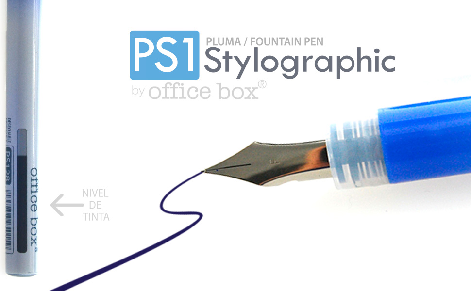 Office Box, Pack de 6 Plumas Estilográfica Desechable de tinta Azul con Punta metálica y visor de tinta, Tinta fluida y escritura suave, Ideal para escribir y lettering. - 1