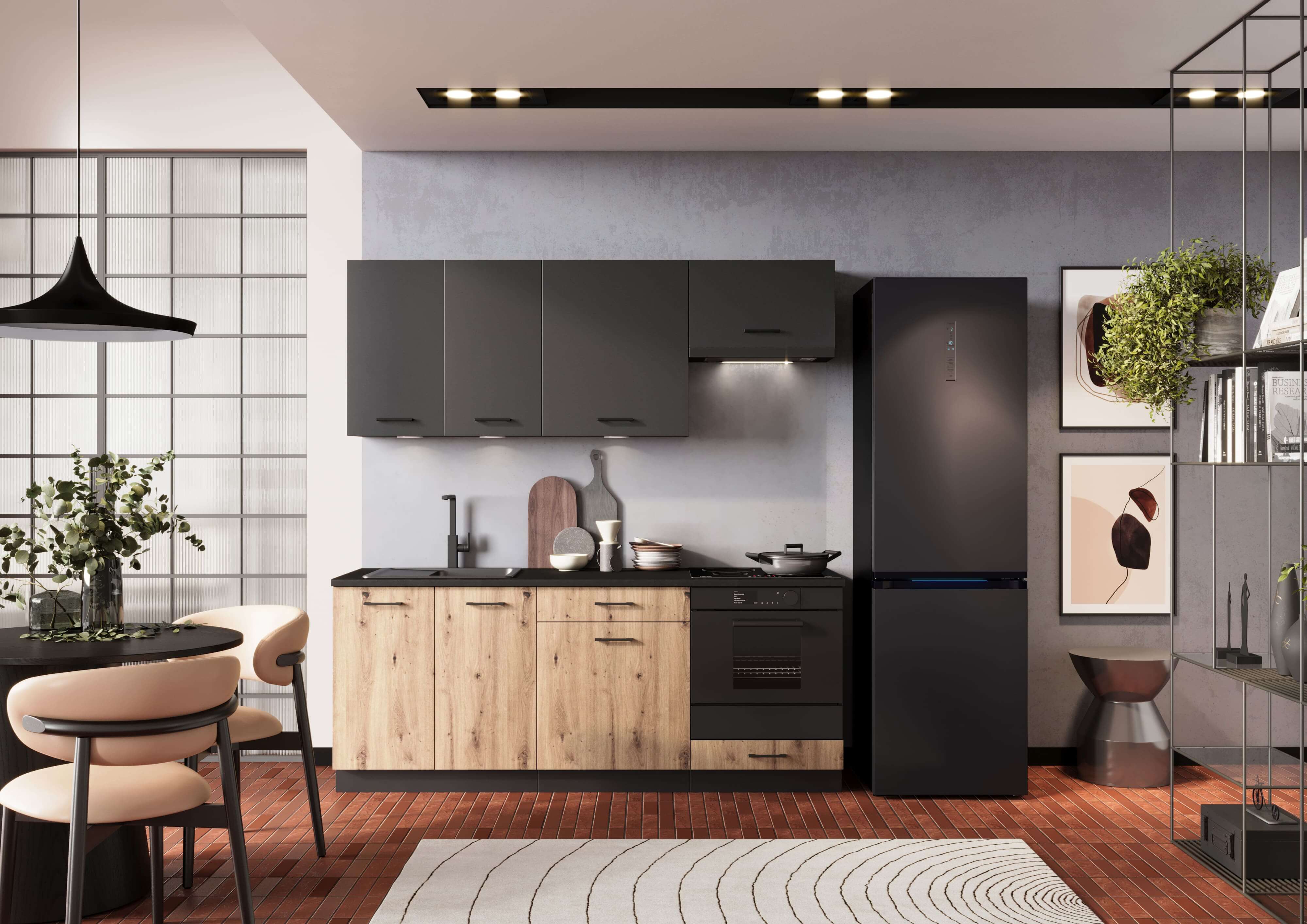 Muebles Cocina completa 200 cms color Roble y Gris Grafito con modulo Horno ref-40c - 1