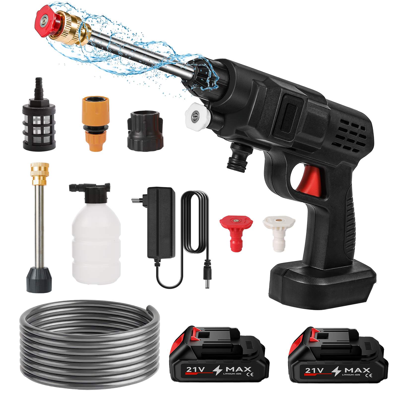 Hidrolavadora inalámbrica, hidrolavadora portátil inalámbrica con kit de accesorios, manguera de 5 m, para jardín y coche, 2 baterías - 1