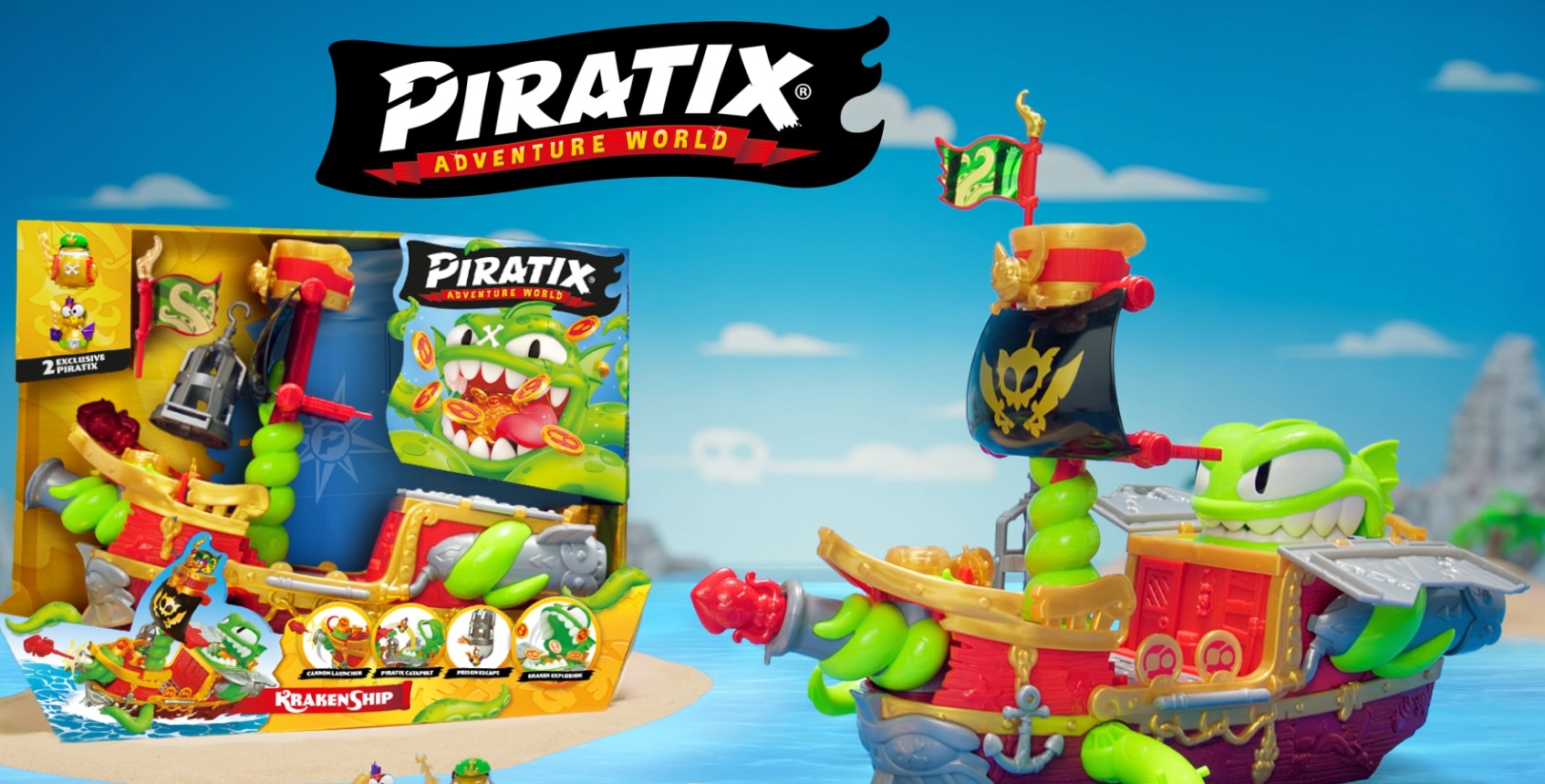PIRATIX, ADVENTURE WORLD Kraken Ship – Barco Kraken de Piratix. Contiene 1 barco Kraken, 2 Piratix & accesorios exclusivos, 1 proyectil de cañón, 1 tesoro exclusivo, 6 tesoros dorados, 1 bandera exclusiva, 1 espada, 1 ancla y 1 prisión - 1