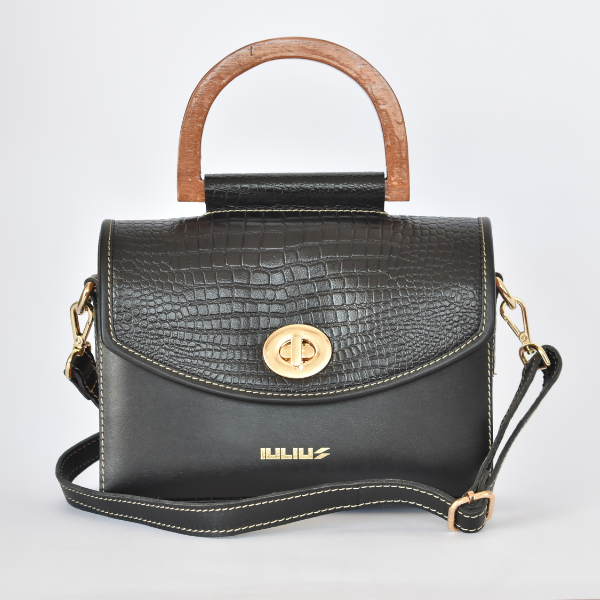 Bolso de Cuero Genuino IULIUS con Solapa Cocodrilo, Laterales de Madera y Asa Rígida | Diseño exclusivo, elegante y compacto para looks únicos - 1