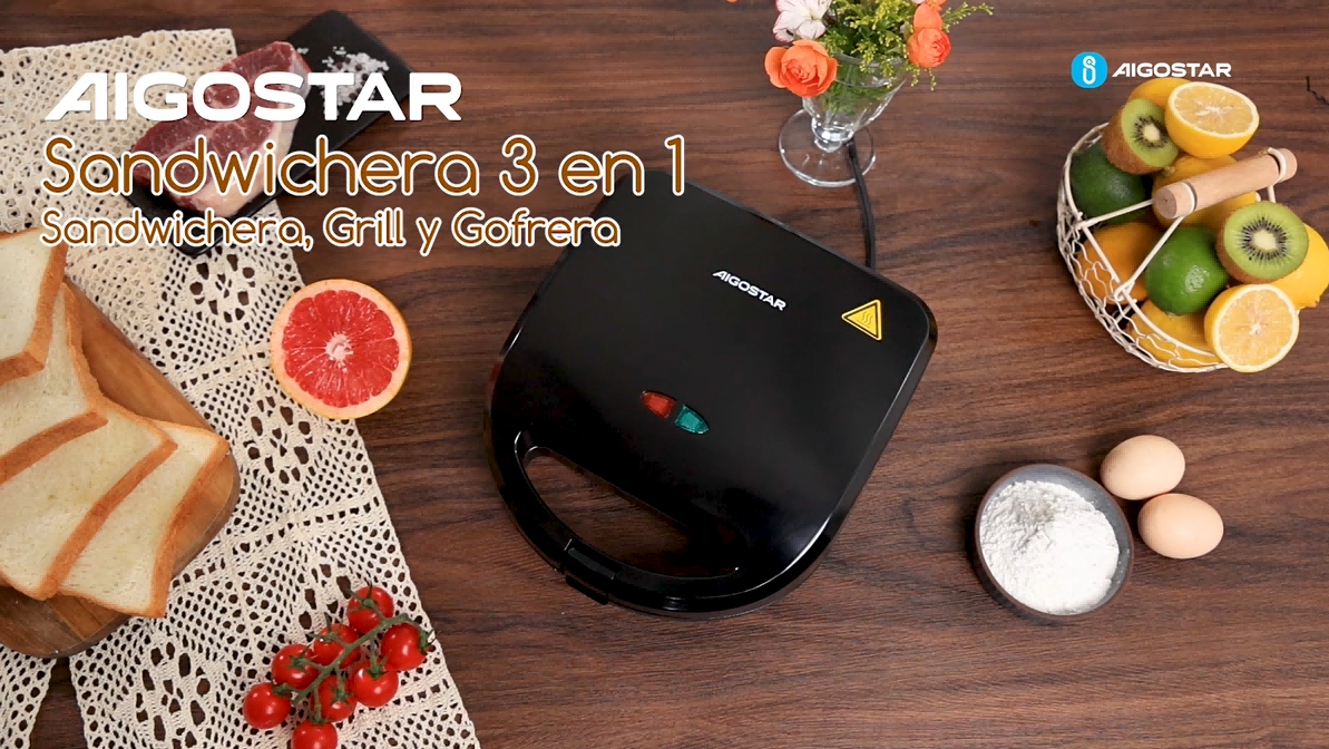 AIGOSTAR Sandwichera 3 en 1, Grill y Gofrera. 3 Placas Desmontables Antiadherentes e Intercambiables. ( 750W ) - 1