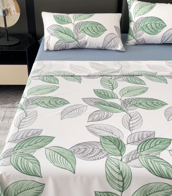Juego de sábanas 4 piezas cama 135cm/150cm/180cm Color primavera - verano Estampado hojas verdes - 1
