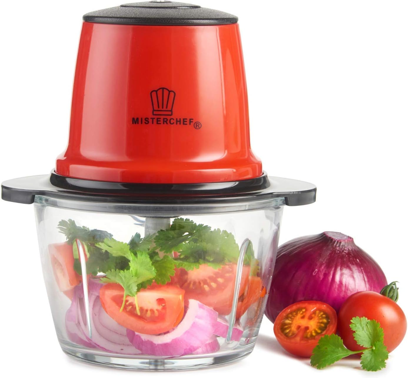 Picadora trituradora de alimentos. MisterChef Red Mini Chopper, Licuadora, Procesador de Alimentos, 3 Cuchillas de dos Niveles - Ahorro de Energía 200W con Turbo - Tazón de Vidrio con Capacidad de Alimentos de 1.5L -  Rojo Metálico - 1
