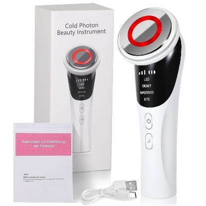 Masaje Facial 3 en 1 2025 - Rodillo Frío/Calor, Microcorrientes Reafirmantes y Luminoterapia LED (Cert.) CE, para Todas Las Pieles) - Rosa Dorado/Blanco - 1