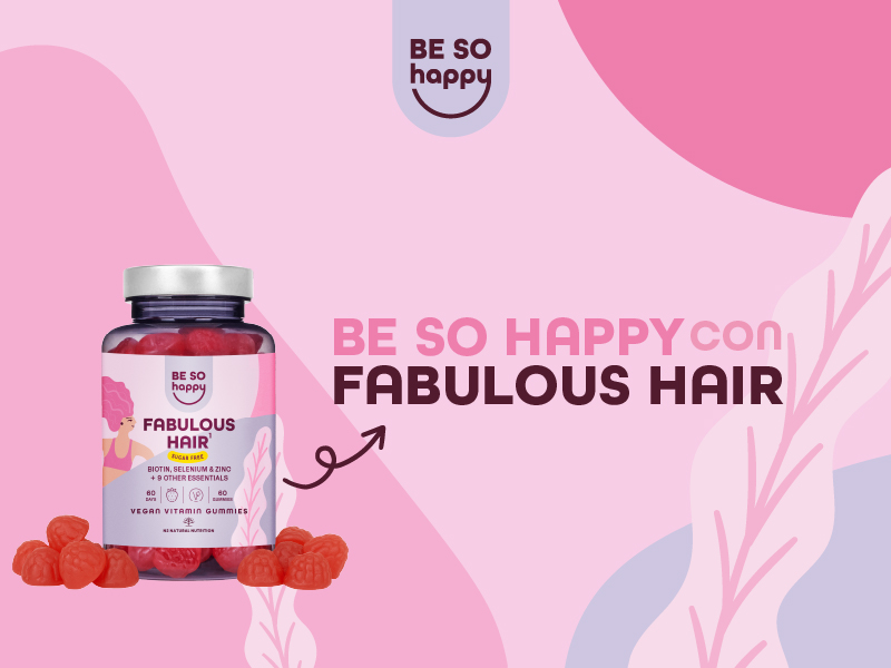 Gominolas para el pelo Biotina 6000 mcg, Vitaminas para el Cabello, 60 dias, Complejo con +10 componentes: Ac Folico + Vitamina A, B6, B12, C, D, E, Zinco y Selenio, Sabor a Fresa, Veganas, BeSoHappy® - 1