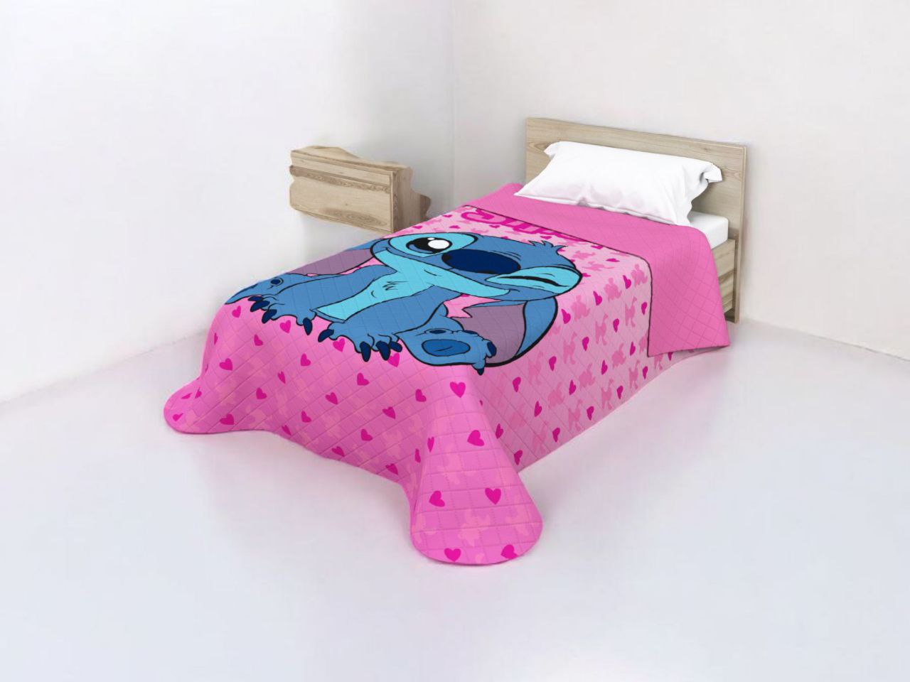 Colcha de Verano Infantil Stitch Rosa Corazones | 170x260 cm | Cama 90 cm | Ligera y Acolchada | Mercatienda.es - 1