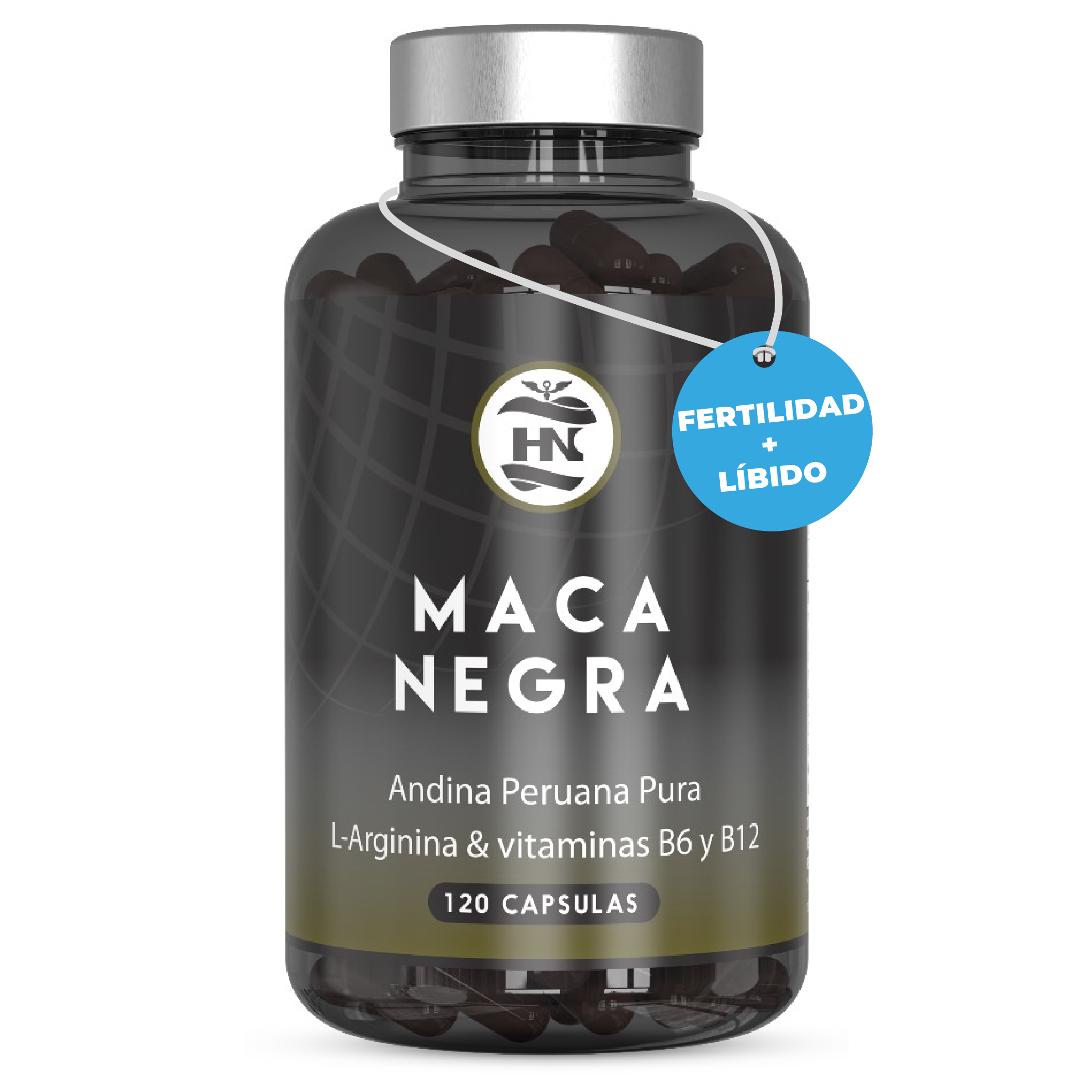 HN - Healthy Nutrition Maca Negra Andina Peruana con L Arginina - Alta Concentración - Energía y Rendimiento - Vitaminas B6 y B12 Contra Cansancio y Fatiga - Maka para Hombres y Mujeres (120 Caps) - 1