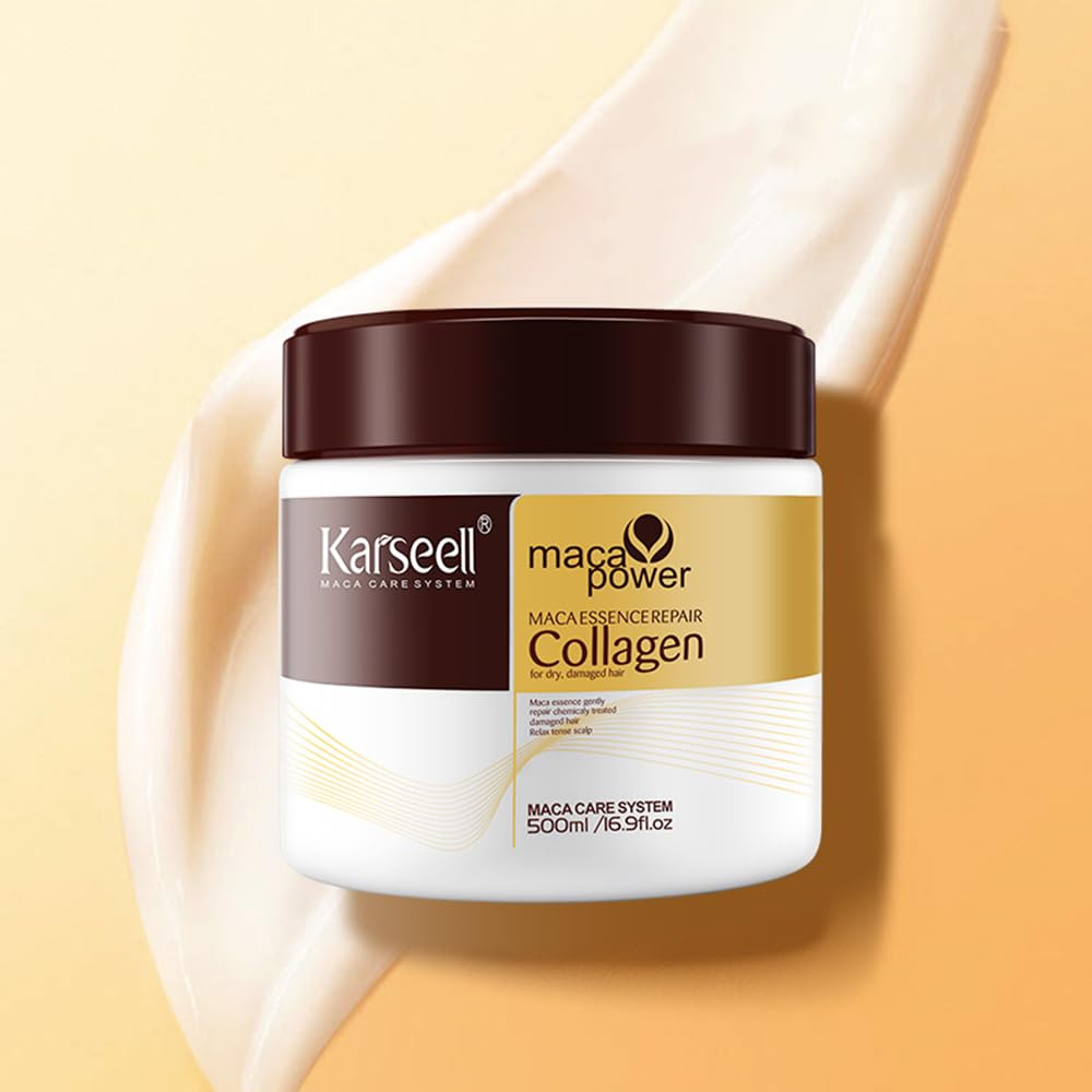 KARSEELL Mascarilla Pelo Máscara Capilar Reparación Profunda Cabello Seco y Dañado Colágeno Aceite de Argán Antifrizz Acondicionador Maca y Ácido Hialurónico Alisado Hidratación Intensa Todo Tipo de Cabello - 500 ml. - 1