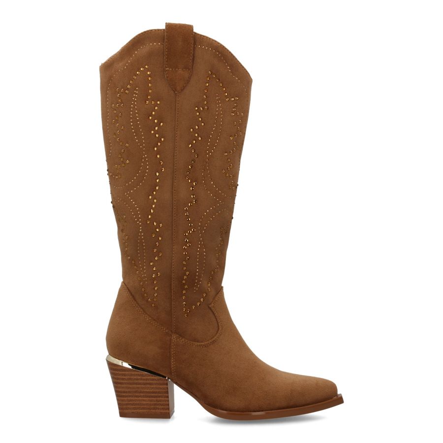 PuntoSalao Botas de Mujer con Tacón Campero y Detalles Brillantes, Caña Alta Media Pierna, Cremallera Lateral, Estilo Cowboy en Color Taupe - 1