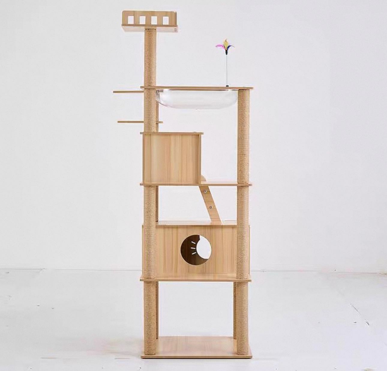 Árbol para Gatos, Torre Rascador para Gatos, 2 Casas de Madera, Plataformas Múltiples, con Juguete Colgante, Natural, 60CM*50CM*182CM - 1