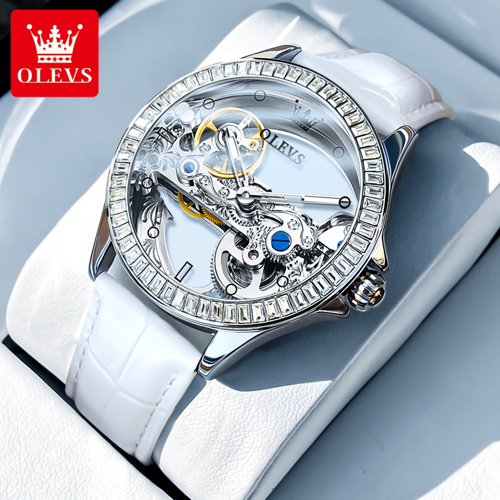 Reloj unisex automático OLEVS transparente de lujo, mecánico sin batería, elegante diseño visible, correa blanca de piel, estilo moderno para hombre y mujer, reloj de vestir clásico con maquinaria expuesta - 1