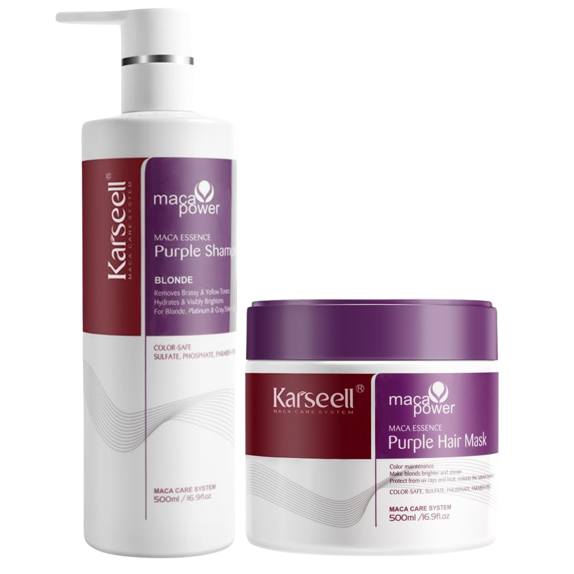 KARSEELL - Pack 1 Mascarilla Violeta 500ml. + 1 Champú Violeta 500ml. Cebello decoloradio Rubio Gris Canas Matizador Hidratante Antifrizz Reparador Cabello Teñido Colágeno Iluminador Cabello Seco y Dañado - 2 x 500ml. - 1
