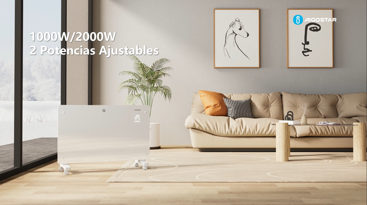 AIGOSTAR Calefactor Bajo Consumo,Convector Eléctrico Panel de Vidrio Ultra Fino. Conexión Wi-Fi, Temporizador de 24 h, 3 modos, Pantalla LED Táctil. Programable. (2000W - WIFI) - 1