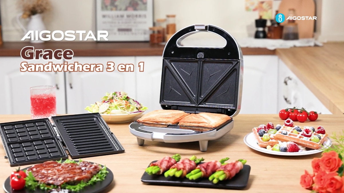 AIGOSTAR Sandwichera 3 En 1: Grill, Gofrera y Sandwichera. 750W, Placas Antiadherentes Extraíbles, Termostato Hasta 200ºc, Almacenamiento Vertical y Asa de Toque Frío. Gris - 1