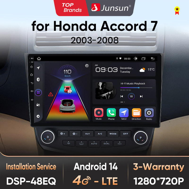 Junsun AI Voice Car Radio Stereo For Honda Accord 7 2003 2004 2005 2006 2007 2008 Car Auto Radio Built-In Wireless Carplay For Apple & Android Auto Automotive Multimedia Touch Screen 360 camera Car Intelligent Systems With GPS Navigation - 1
