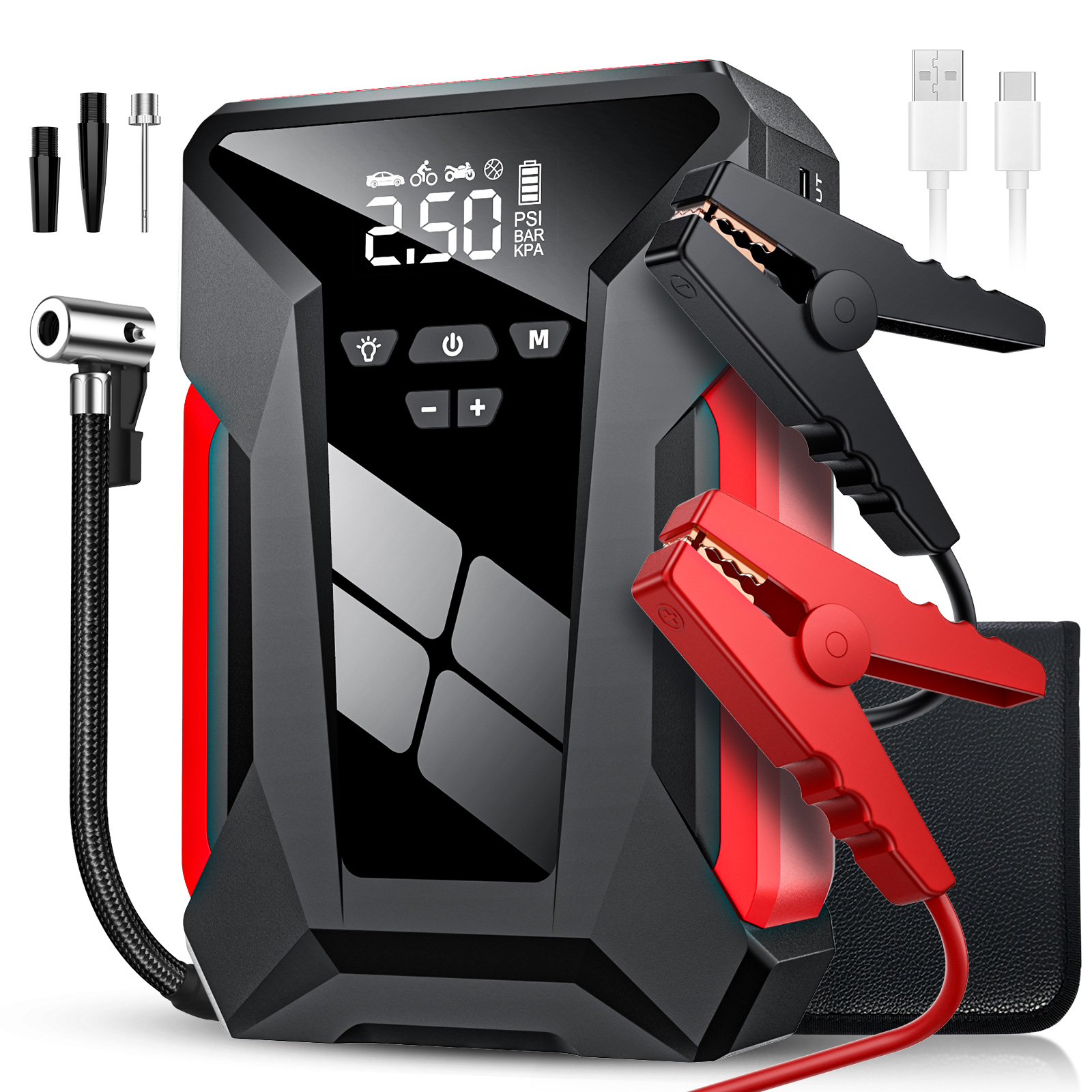 28000mAh coche Salto de arranque multifuncional automotriz emergencia potencia 150psi neumático powerbank bomba aire con bolsa - 1