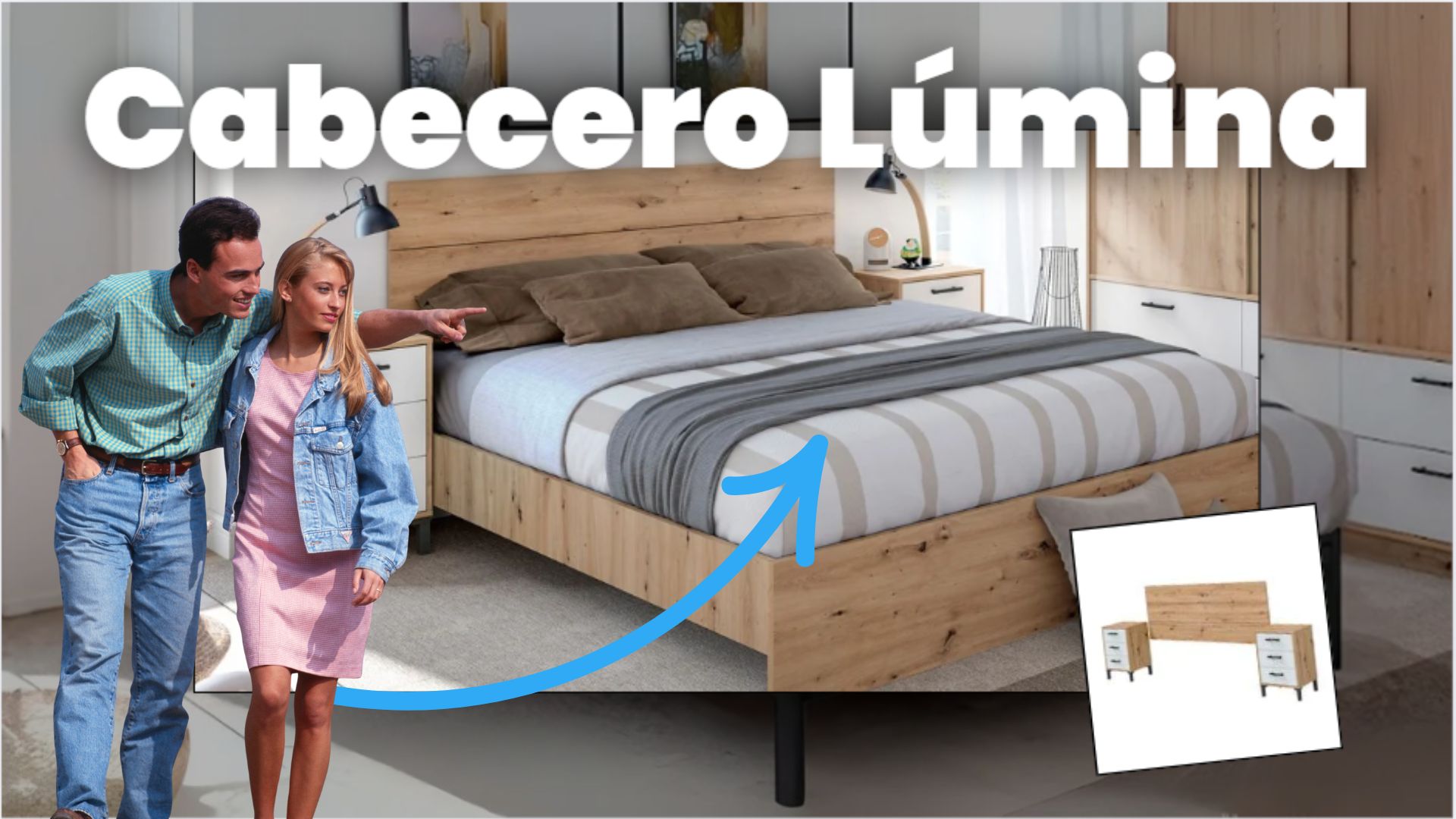 Cabecero con Mesitas de Dormitorio Estilo Nórdico en Color Roble Nodi y Blanco Artik con 3 Cajones 240x101x33 cm - 1