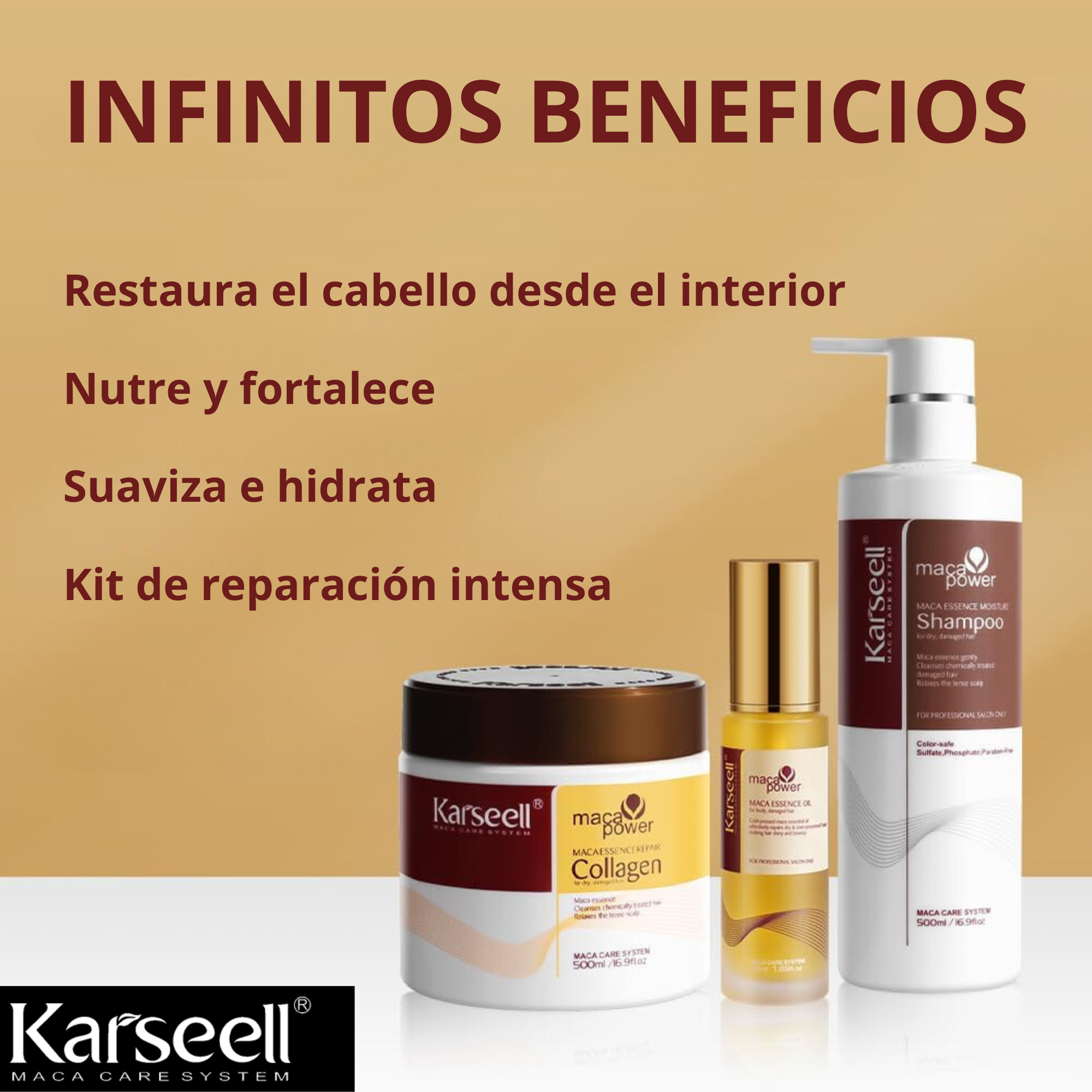 KARSEELL - Set Cuidado Capilar 1 Mascarilla Capilar 500ml. + 1 Aceite de Argán 50ml. + 1 Champú Hidratante 500ml.  Colágeno Aceite de Argán Esencia de Maca Reparación Capilar Cabello Seco y Dañado - 1