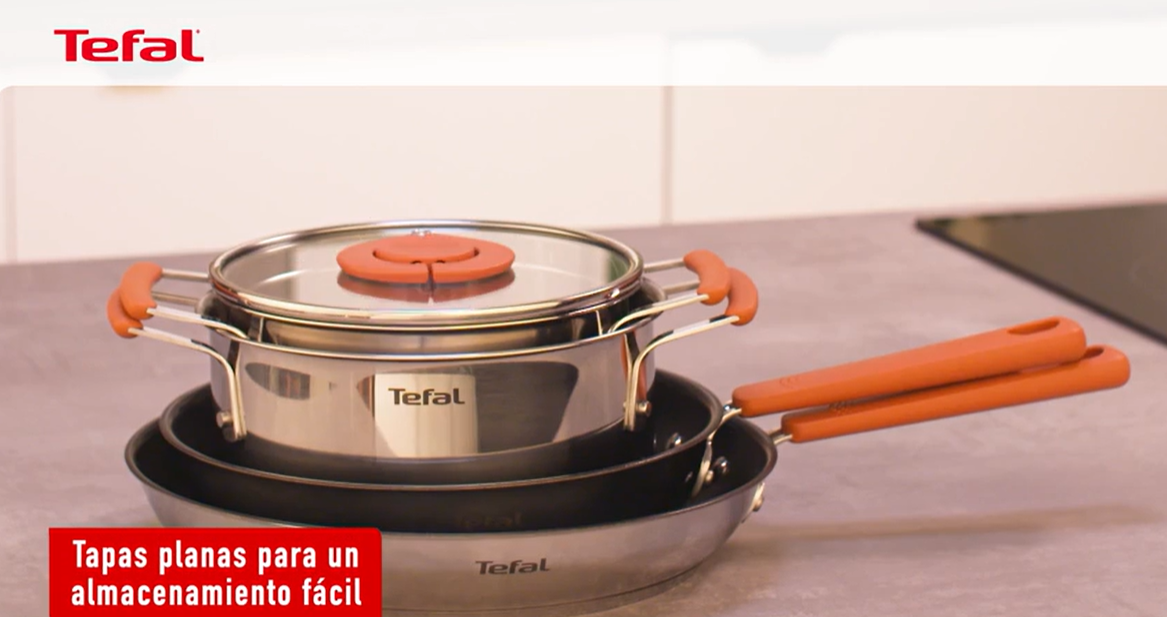 Tefal Opti'Space set 3 piezas con tapas, batería de cocina de acero inoxidable, formato apilable, tapa plana, marcas de medida internas, apta para inducción, G720S674 - 1