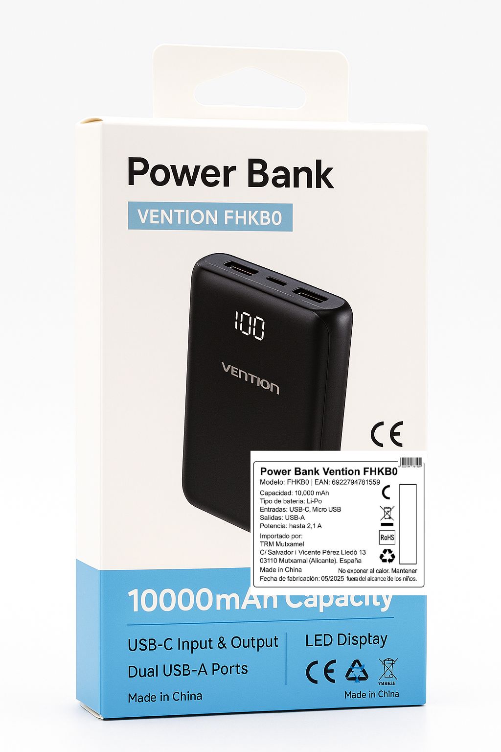 VENTION/威迅 - FHKB0 10000mAh Power Bank de carga rápida - 22,5W - compacto - USB-C, pantalla LED, portátil - 1