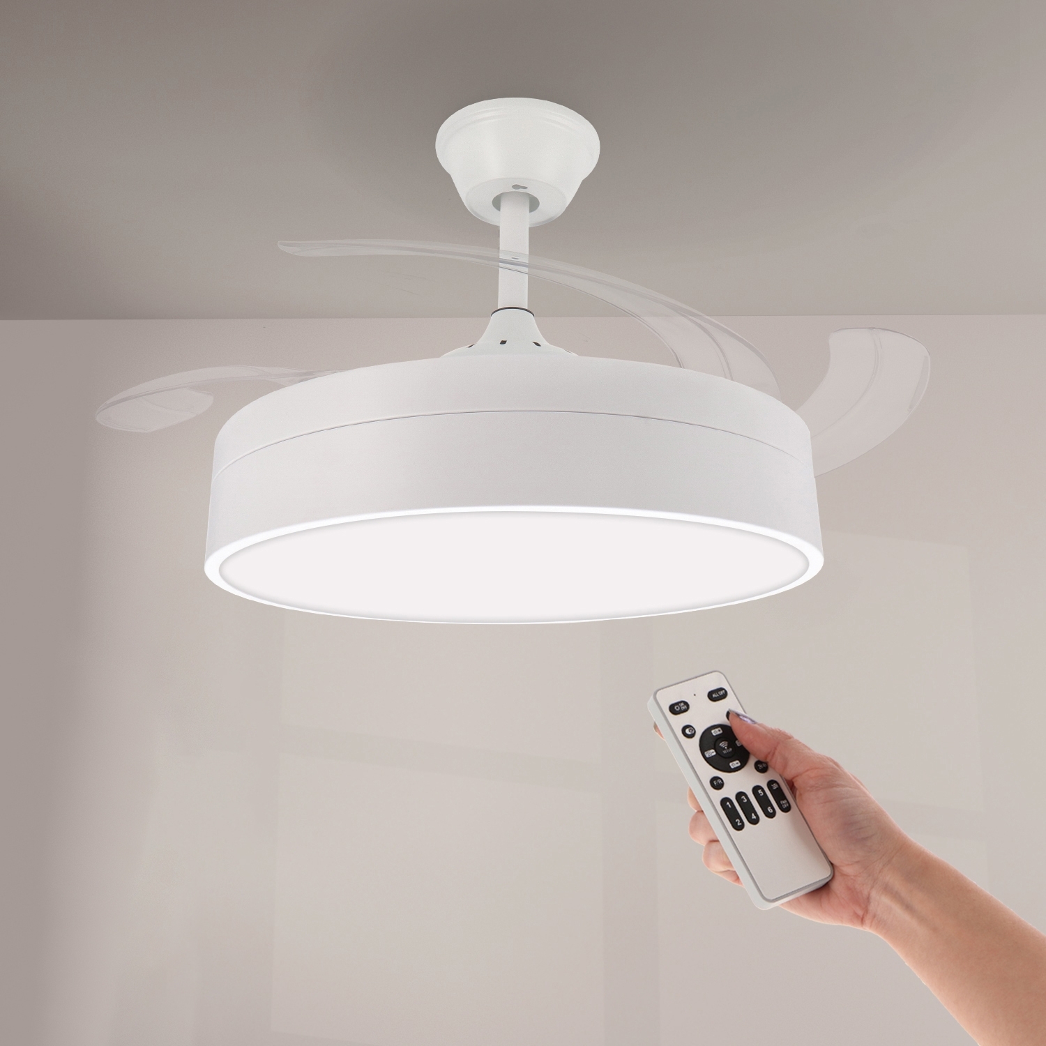 Ventilador de Techo Retráctil Blanco OstarkDom con Luz LED CCT 72W – 6 Velocidades, Motor DC Silencioso, Control Remoto, Estilo Moderno, Bajo Consumo - 1