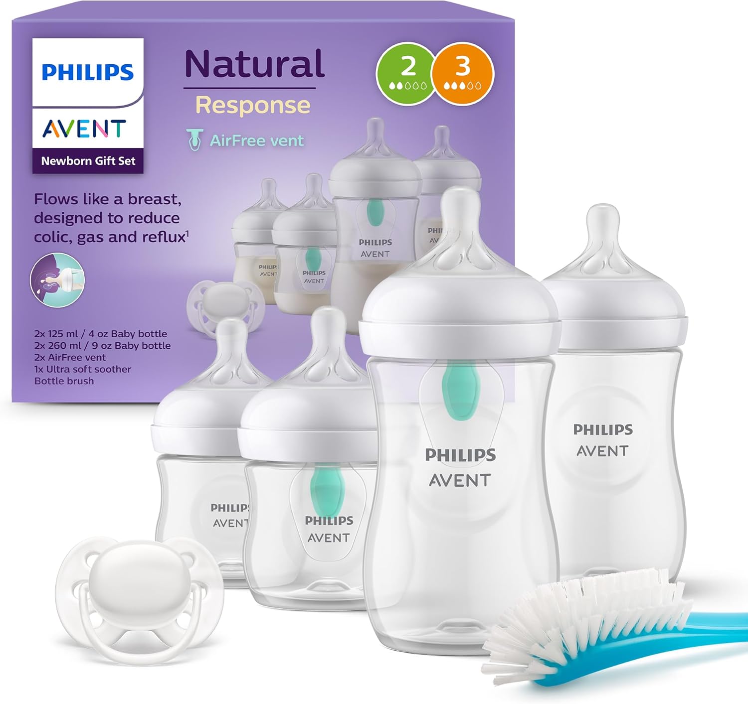 Philips Avent Set Pack 4 Biberones con Sistema AirFree (2 Biberones 125ml + 2 Biberones 260ml), Regalo para Recién Nacidos, Enganche Natural, sin BPA, Reduce los Cólicos, Incluye Chupete Ultra Soft y Escobilla, de 0-12 Meses - 1