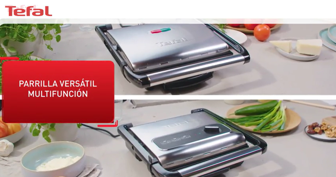 Tefal GC242D Grill de carne, pescado y verduras, Función sandwichera y panini, Termostato regulable, Bandeja recolectora de jugos antigoteo, Plateado, 2000 W - 1
