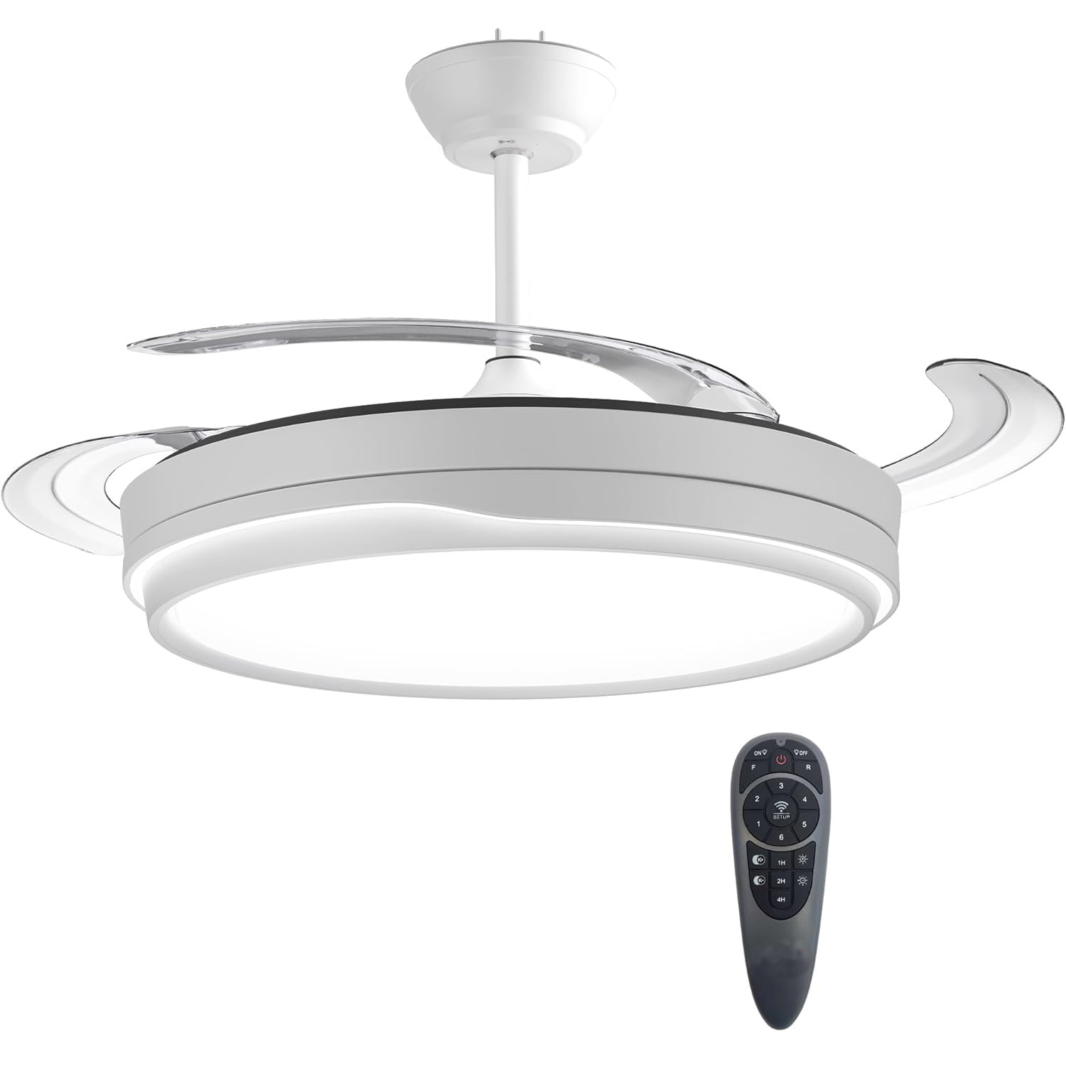 Ventilador de techo con luz de 84 W, ultra silencioso, invisible, con mando a distancia y aspas retráctiles, función verano-invierno, mando integrado blanco nieve Clase energética F Ostark-LEDUNI - 1