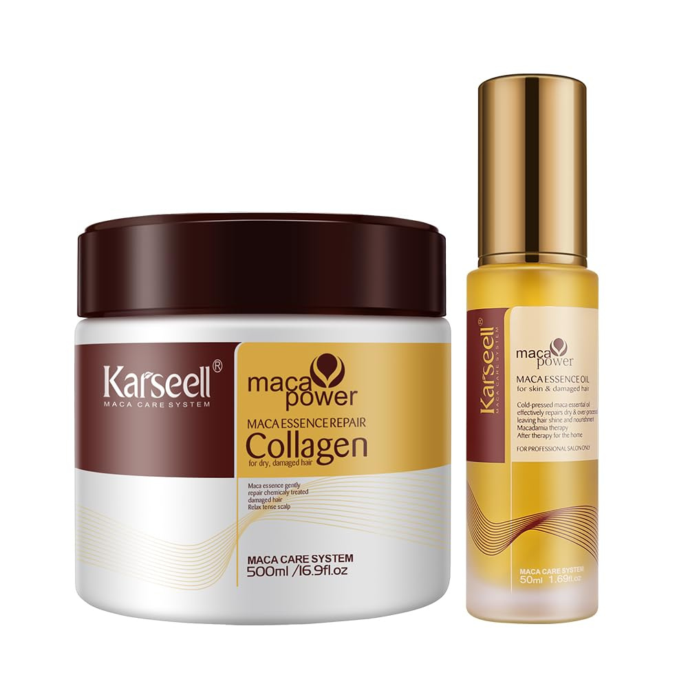 KARSEELL Pack Mascarilla Pelo 500 ml.  + Aceite de Argán para el Cabello 50 ml. Hidratación Profunda Acondicionador Cabello Seco y Dañado Tratamiento Reparador Intenso Colágeno Alisado Todo Tipo de Cabello - 1