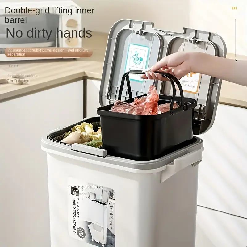 1pc Cubo de Basura Grande with Doble Compartero y Tapa Selladora de Olores - Pedal Sin Manos, Separación Húmeda/Seca, Cubo Rectangular de Plástico Duradero para Hogar & Oficina, No Necesita Electricidad, separador de Residuos Secos/Húmedos, Papelera Mod - 1