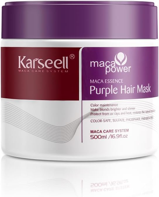 KARSEELL - Mascarilla Capilar Mascarilla Violeta Cabellos Grises Rubios Canas Decolorados Mascarilla Morada Matizador Hidratación Intensa Neutraliza Amarillos y Naranjas Alisado Reparadora Nutritiva Cuidado Capilar - 500 ml. - 1
