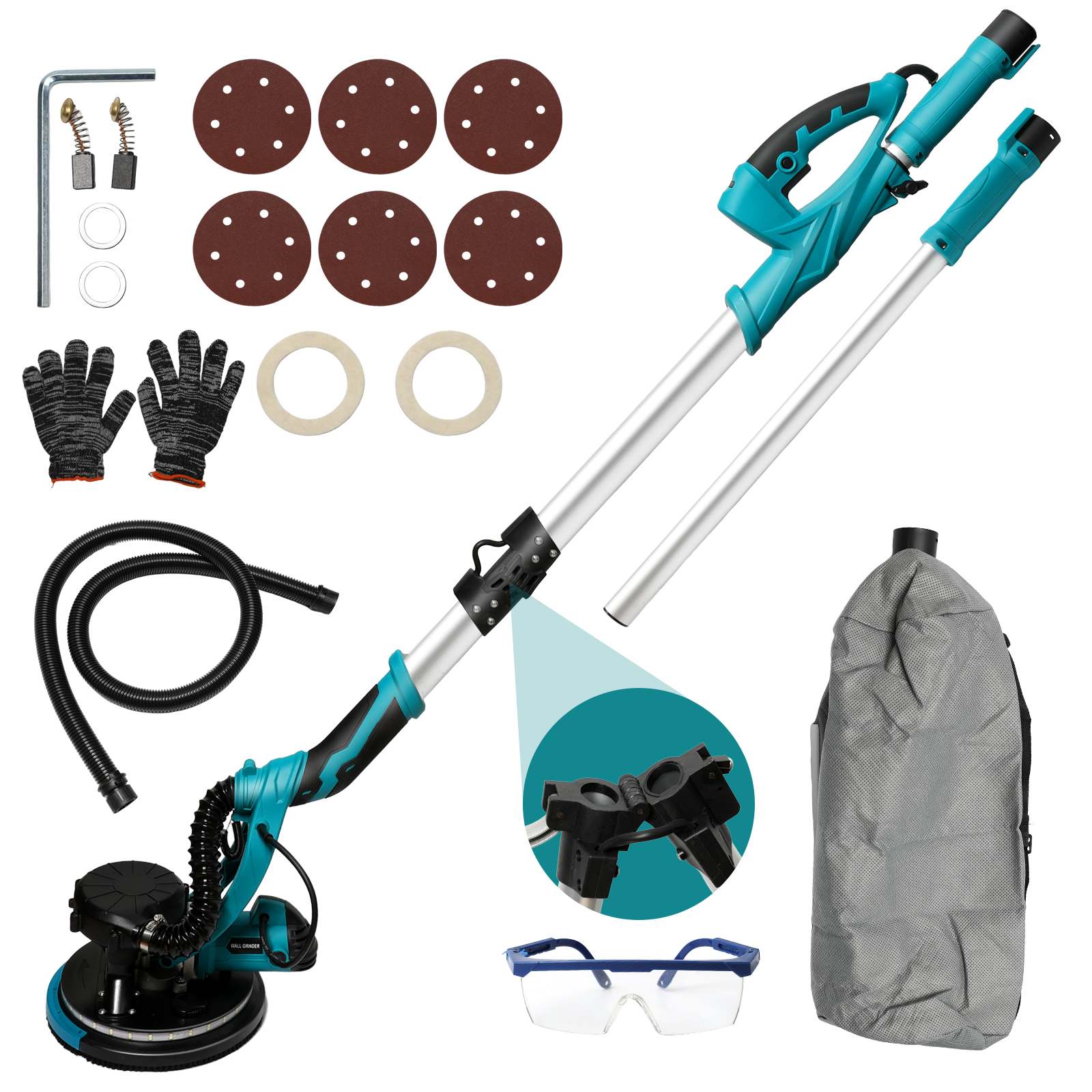 Lijadora de Pared Seca 1250W Profesional con Aspiradora Integrada Motor de Latón 5 Velocidades Ajustables 95% Recogida de Polvo Luz LED Mango Telescópico Plegable para Lijar Paredes Techos Suelos Pisos Lijadora Eléctrica - 1