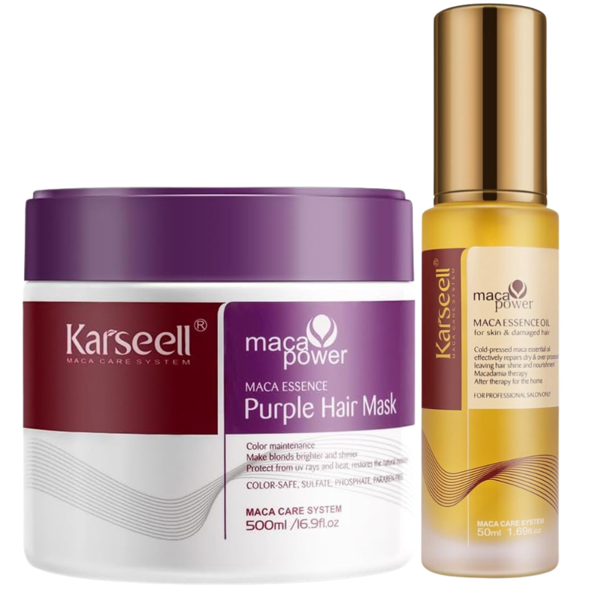 KARSEELL - Set de 2 - Mascarilla de Pelo Violeta + Sérum de Aceite de Argán Reparación Intensa Hidratación Profunda Cabello Teñido Matizador Colágeno Pelo Rubio Gris Canas Iluminador Cabello Seco y Dañado - 500ml. + 50 ml. - 1