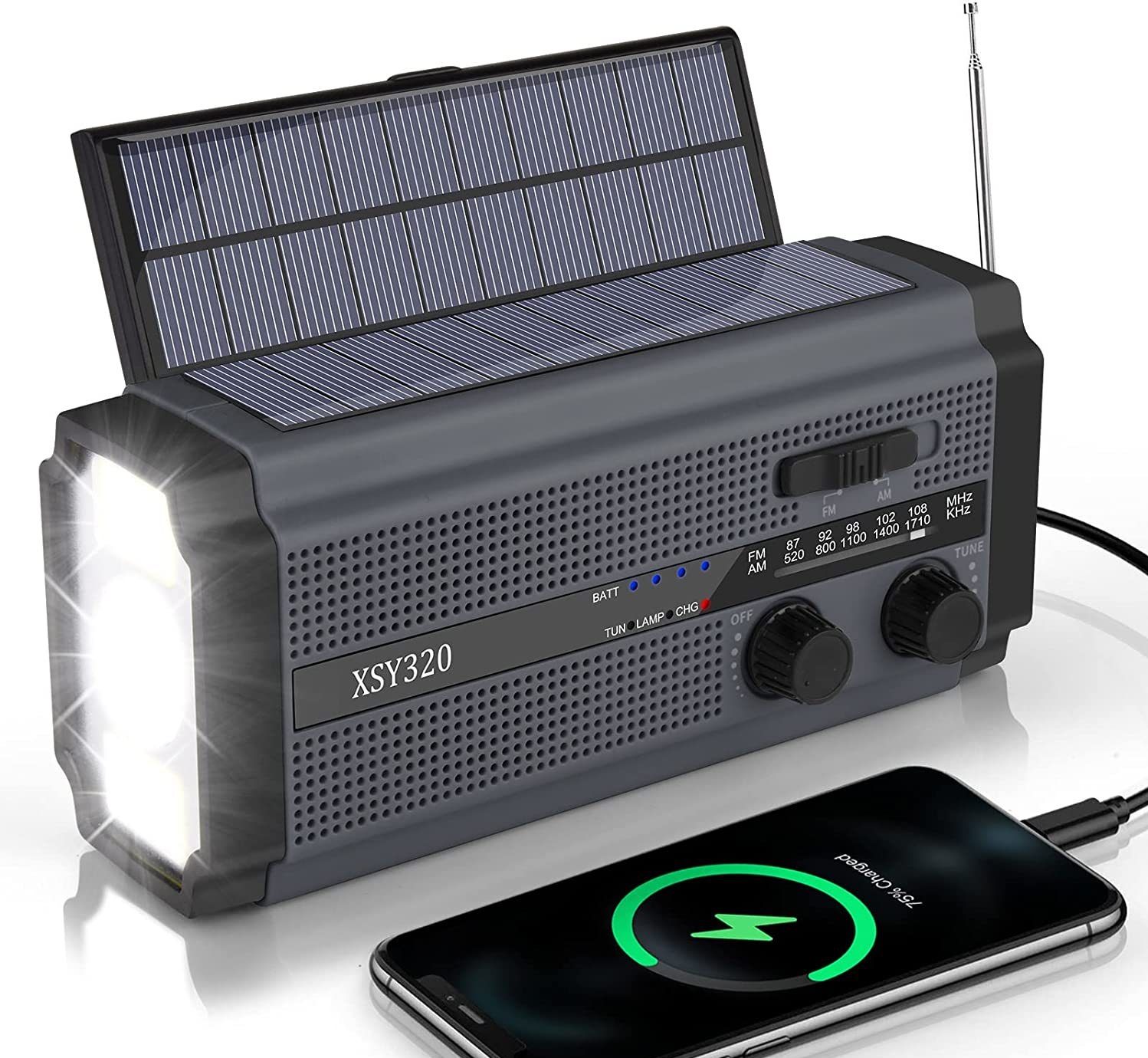 PORCHEDDU 5000mAh Radio DE EMERGENCIA FM XSY-320 portátil de mano-powered Alarma Solar recargable con Alarma SOS Lintera Meteorológica de Energía para el hogar del coche - 1