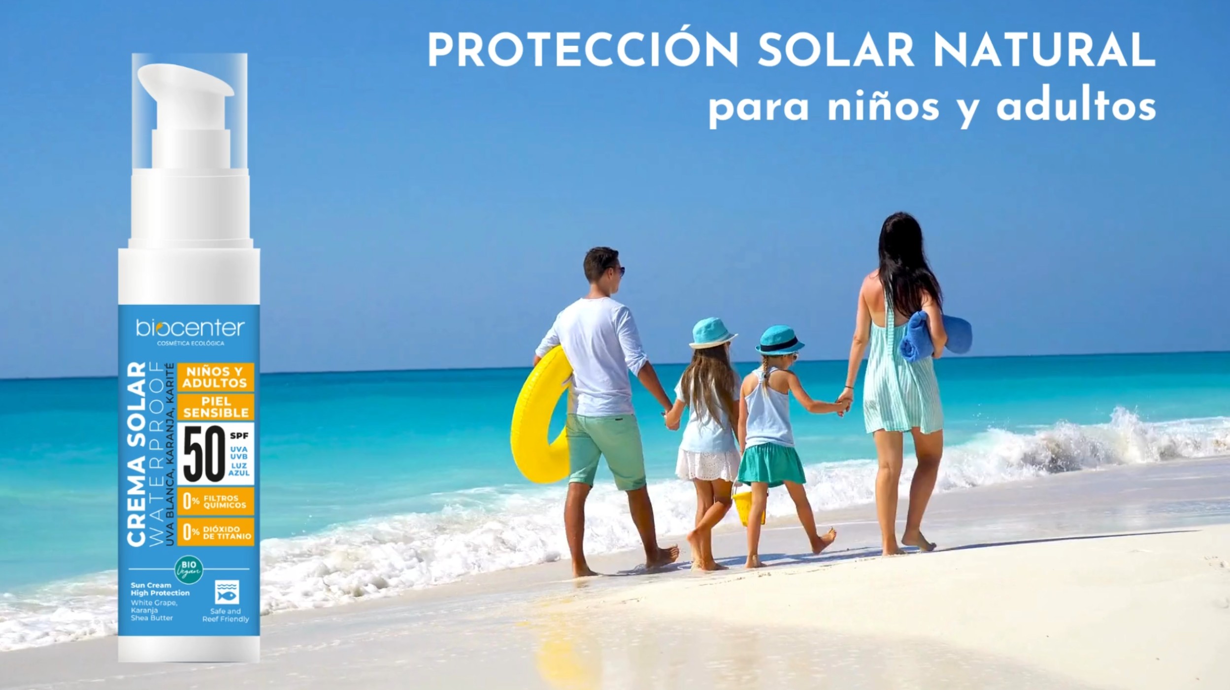 BIOCENTER Protector Solar natural SPF 50 para Niños y Adultos - Textura fluida 100 ml - 1
