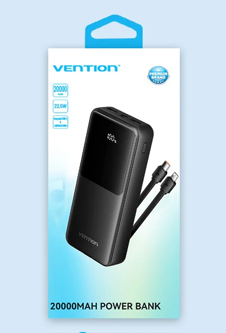 VENTION- Powerbank 20000mAh Vention FHPB0 - 22.5W - Negra - Incluye Cable USB TIpo-C y Rayo - 1