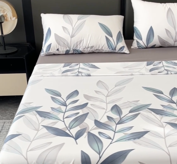Juego de sábanas 4 piezas cama 135cm/150cm/180cm Estampado hojas grises Color simple - 1
