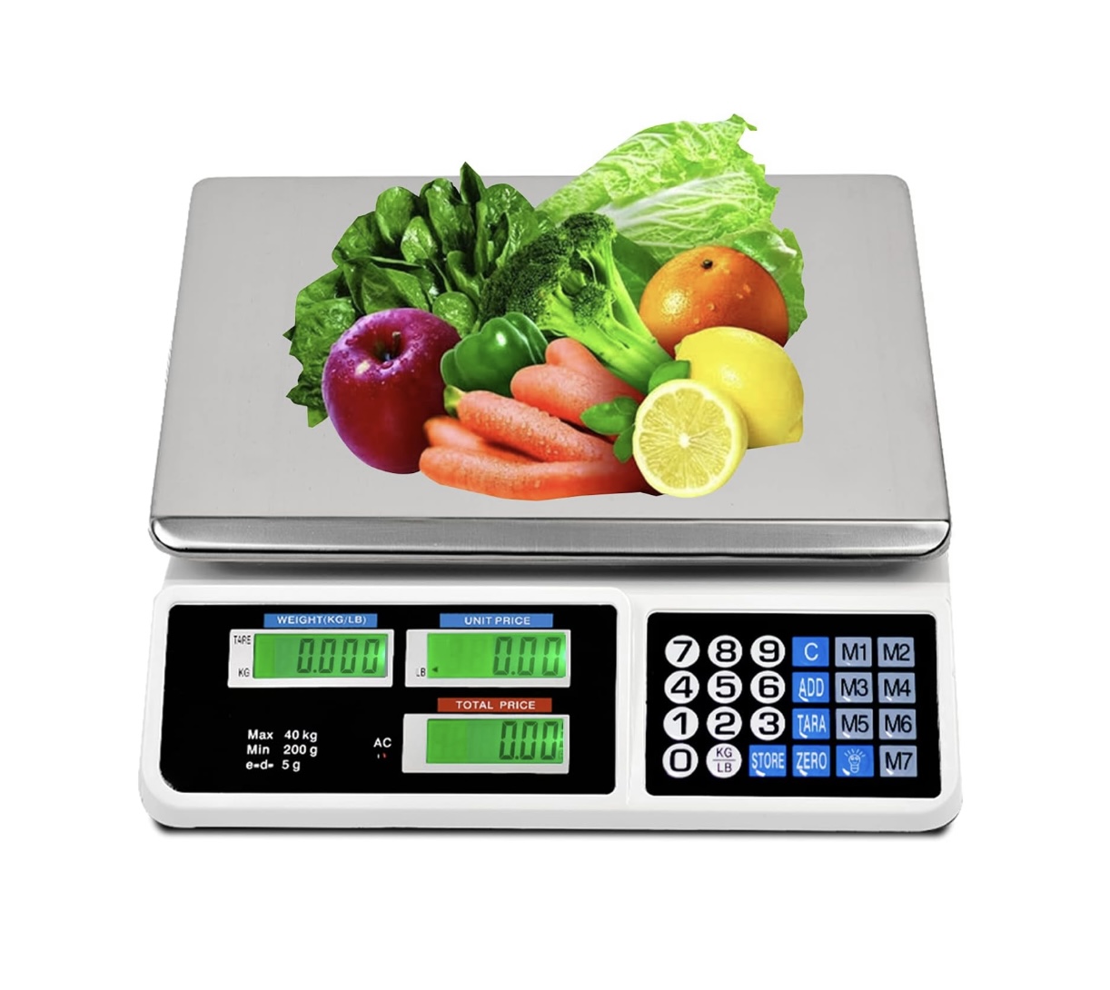 Balanza Digital Comercial 40kg con Pantalla LCD – Báscula Electrónica para Tiendas, Fruterías y Mercados, Cálculo de Precio y Peso, Plataforma de Acero Inoxidable, Recargable con Batería de Larga Duración y Función de Tara - 1