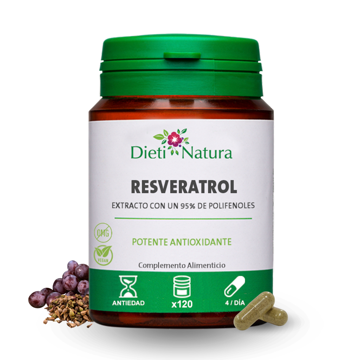 Dieti Natura Trans-Resveratrol 120 Cápsulas de Origen Vegetal - Resveratrol Puro Alta Concentración (95%) - Complemento Alimenticio - Uvas Rojas con Polifenoles Naturales - 1