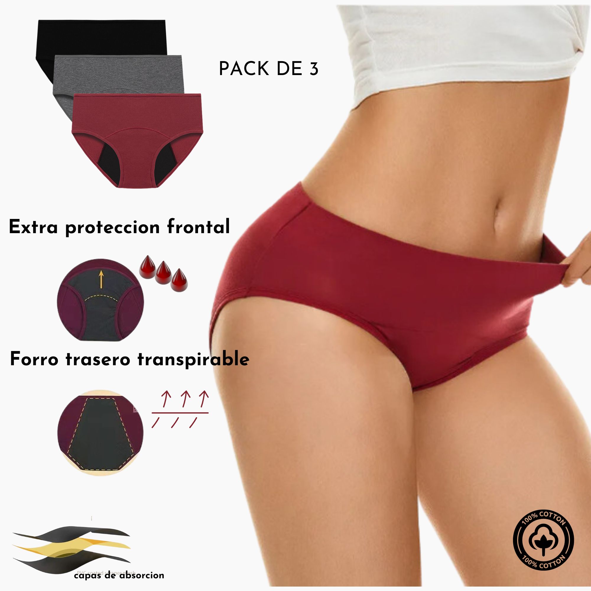 Nube Roja Bragas menstruales para flujo abundante - Protección confiable todo el día, Braguitas Postparto para Mujer, Periodo Menstrual, Ropa interior de Algodón cintura media, Absorbentes, Lavables, Cómodas y Transpirables, PACK DE 3. - 1