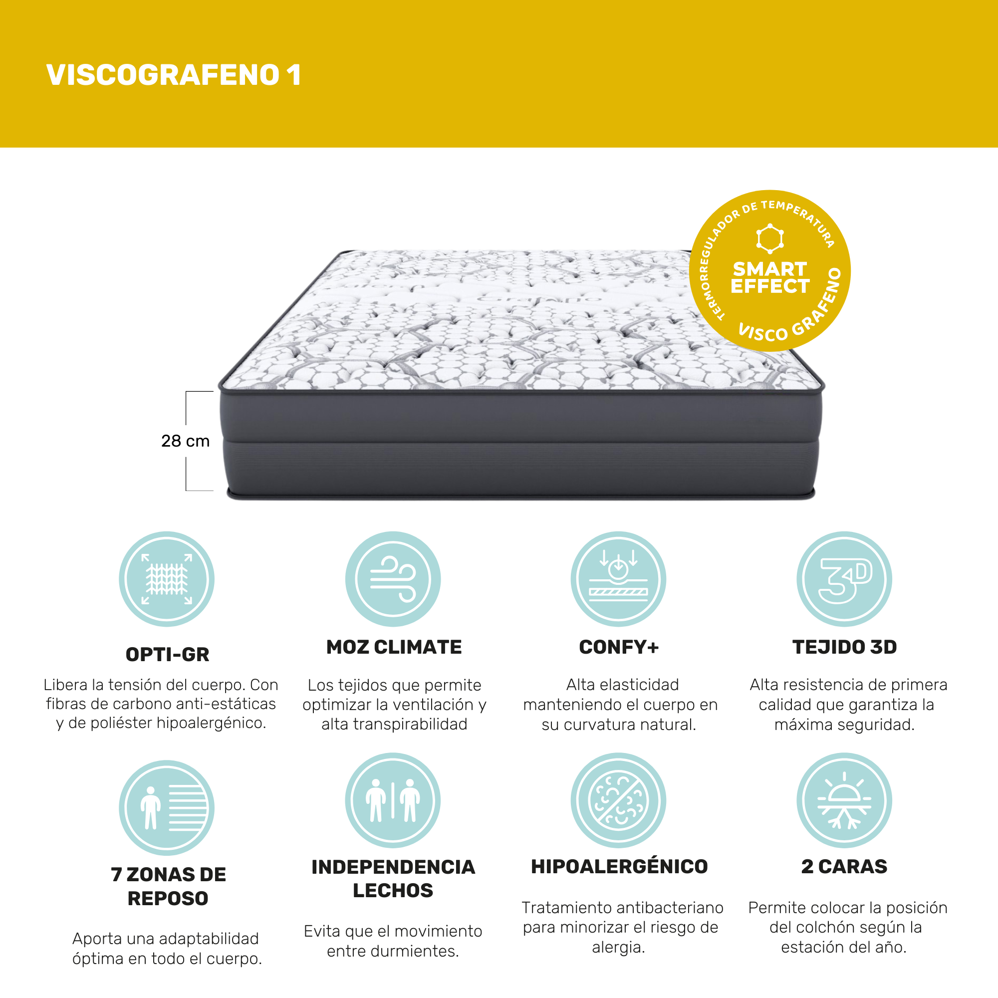 Colchón HR Viscoelastico Viscografeno Excellence Dream Confort Senator 28 cm Doble Cara Independencia de Lechos Firmeza Alta 135x190 150x190 90x190 Todas las medidas - 1