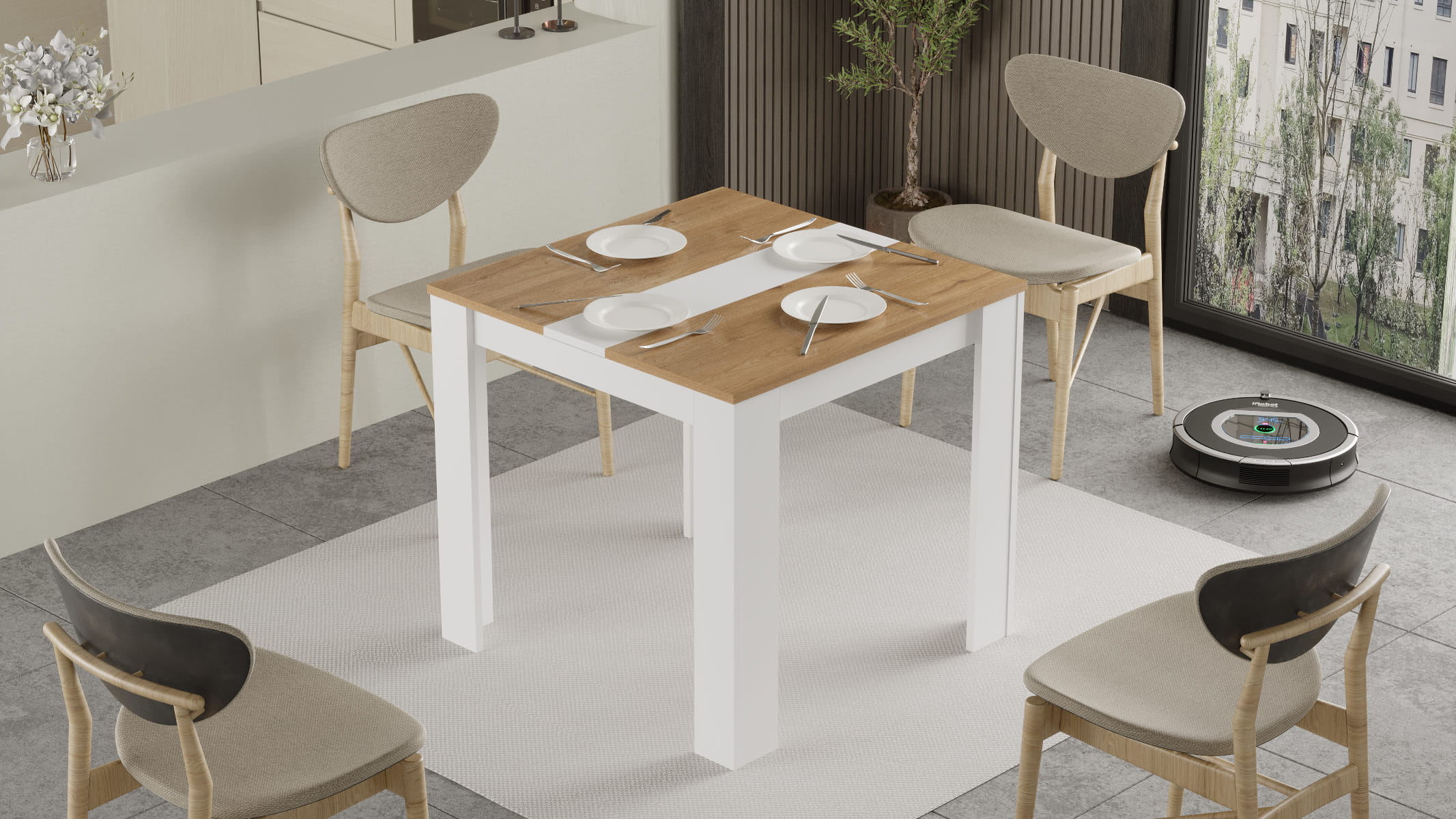Mesa de Comedor Compacta 80x80 cm Blanco y Roble CASA basics - 1