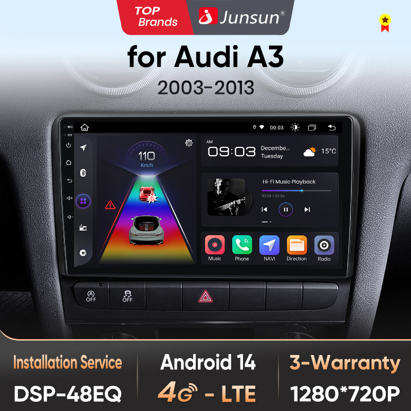 Junsun AI Voice Car Radio Stereo For Audi A3 8P 2003 2004 2005 2006 2007 2008 2009 2010 2011-2013 Car Auto Radio Built-In Wireless Carplay For Apple & Android Auto Automotive Multimedia Touch Screen 360 camera Car Intelligent Systems With GPS Navigation - 1