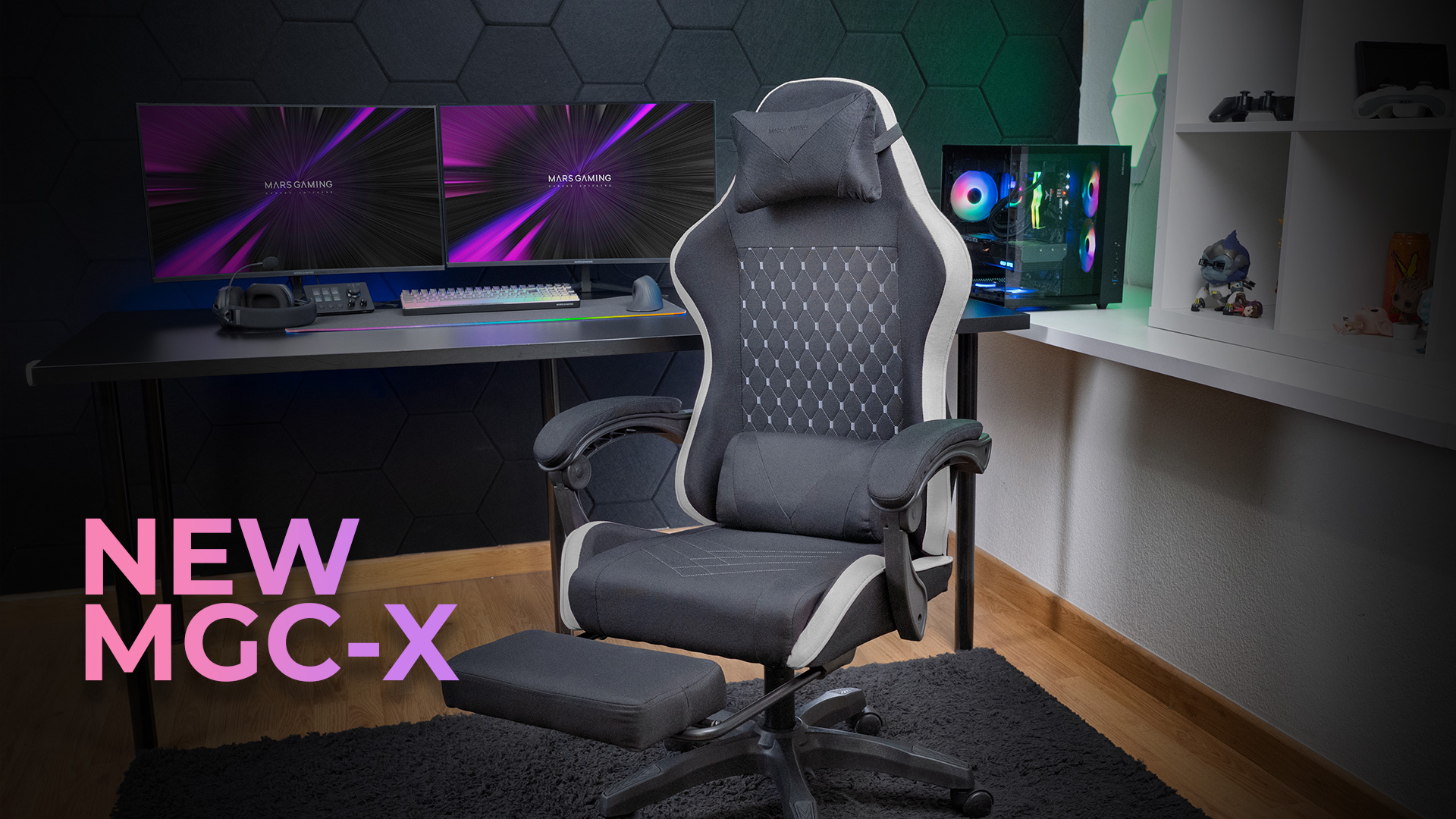 Mars Gaming MGC-X FABRIC, Silla Gaming Ergonómica, Tejido Transpirable, Respaldo Reclinable y Altura Regulable, Reposabrazos Dinámico, Cojín Cervical y Lumbar, Silla Oficina con Reposapiés Extensible, Silla PC Negra, Azul, Rosa o Blanca - 1