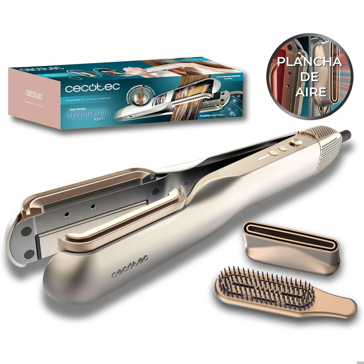 Secador Plancha de Pelo con Aire Cecotec RitualCare Air Lisse 2in1 Champagne, 2 Cabezales: Cepillo y Concentrador, 1000W, Seca y Alisa, Reduce Daño por Altas Temperaturas, Motor Digital, 106000RPM, Plasma, Cerámica y Queratina - 1